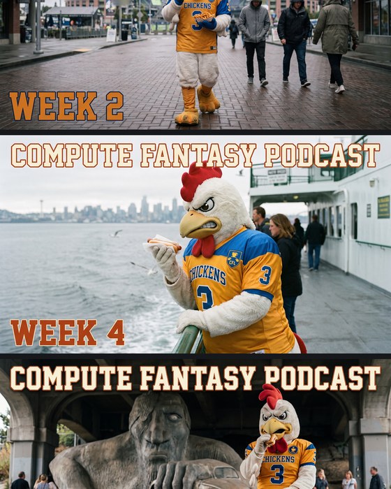 Three Compute Fantasy Podcast episode covers with the chicken mascot
